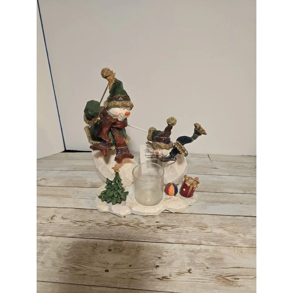Vintage NOS‎ Snowman Votive Candle Holder Wooden Carved Heavy Sturdy